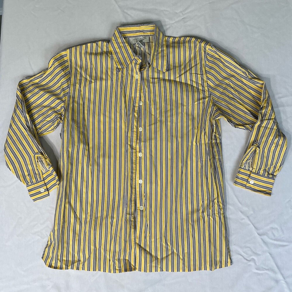 Innovation Sport . Men's Yellow and Blue Striped Casual Shirt . Size Small